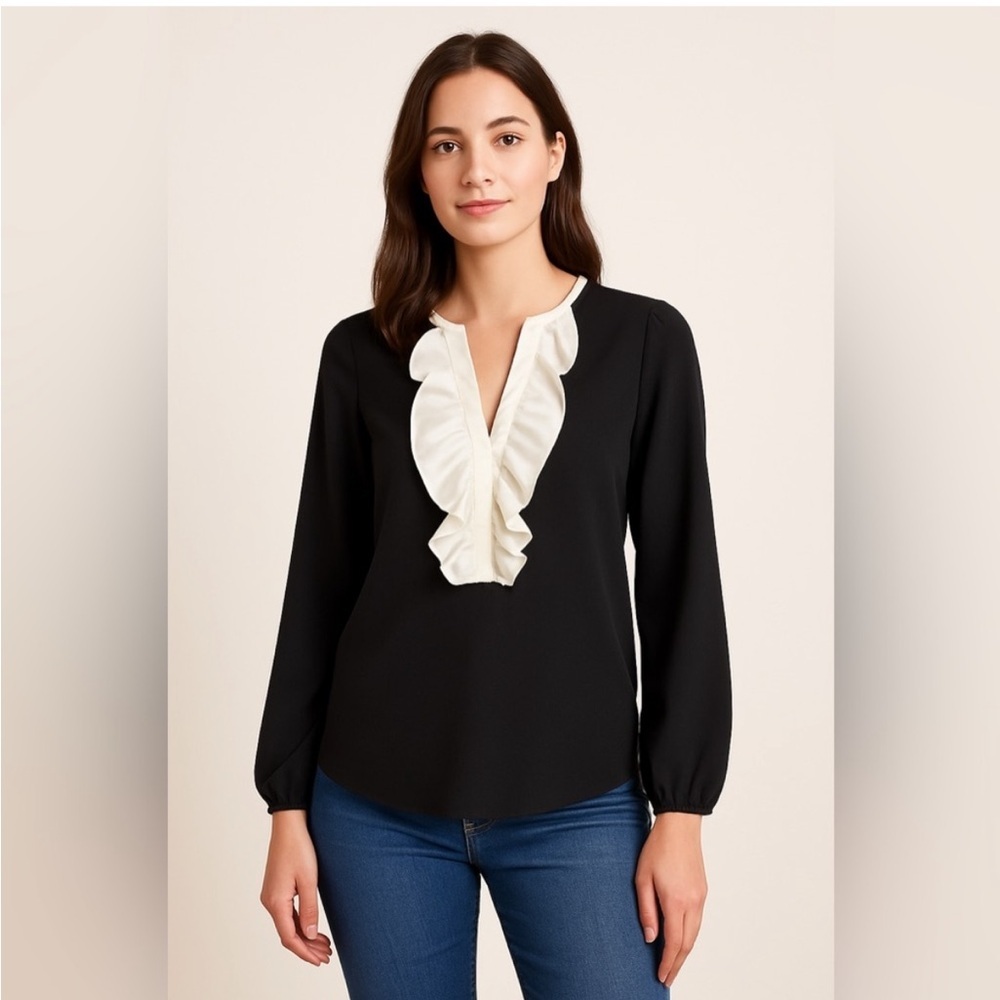 J. Crew Black Blouse with Cream Ruffle Yoke